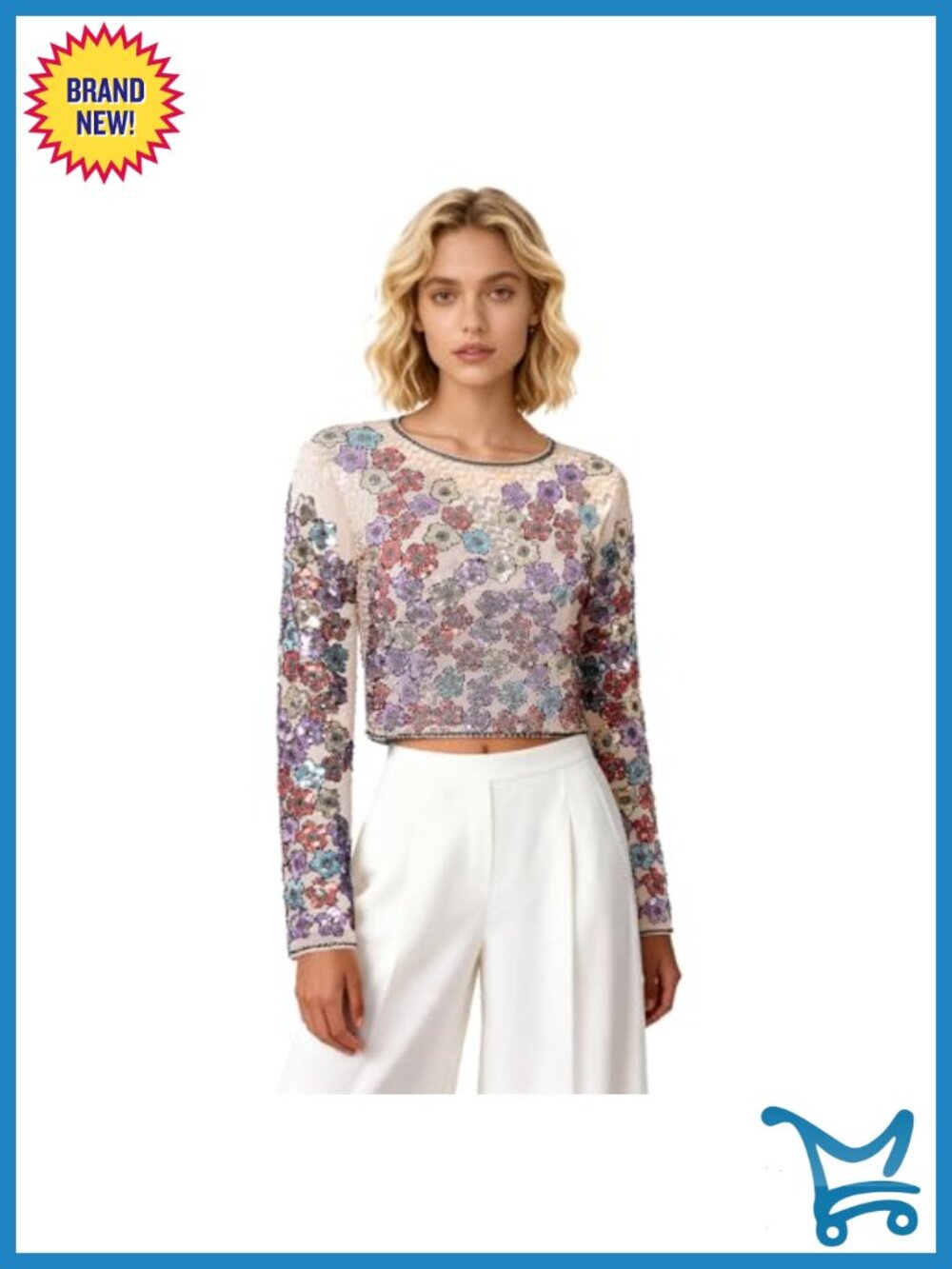 Women's Floral Sequin Mesh Crop Top Boat Neck Embellished Blouse